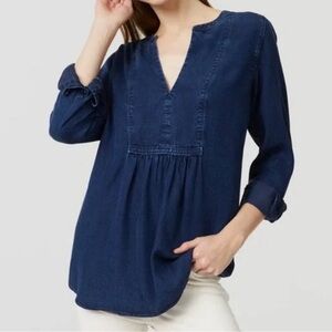 LOFT the softened shirt denim chambray bib blouse 100% lyocell v neck women’s XL